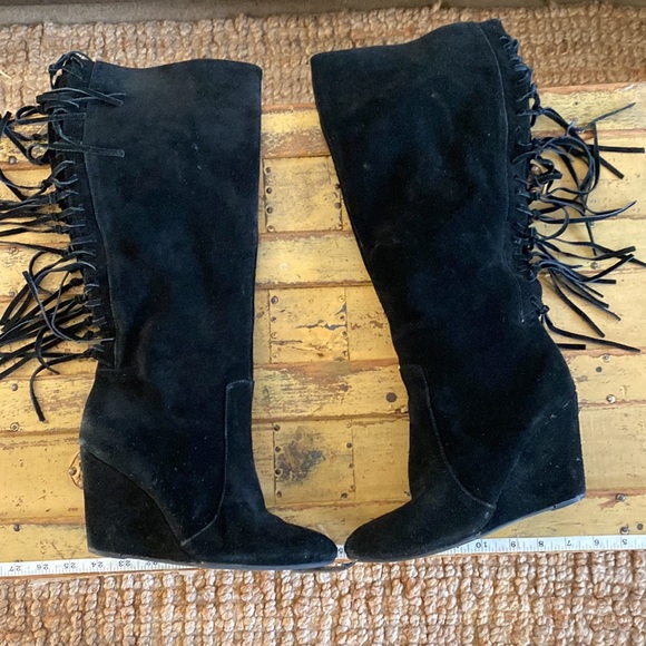 FREE PEOPLE 100% SUEDE LEATHER FRINGE TALL KNEE BOOTS FRINGE WEDGE - Picture 4 of 13
